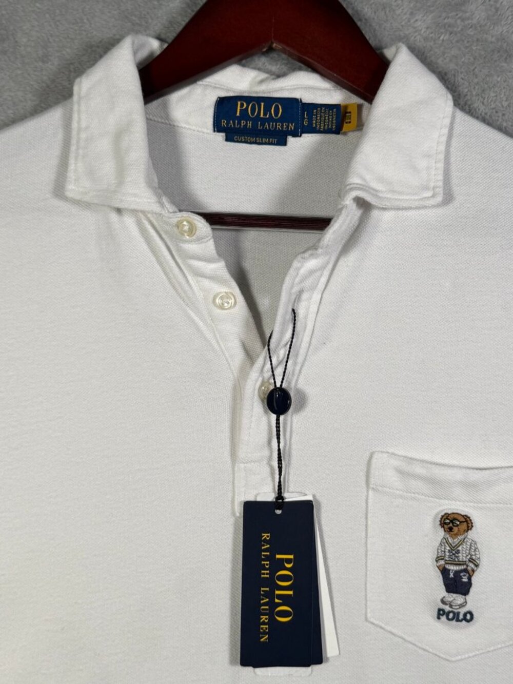 Polo Ralph Lauren Shirt Mens L White Custom SLIM Fit Polo Bear Pocket Tennis